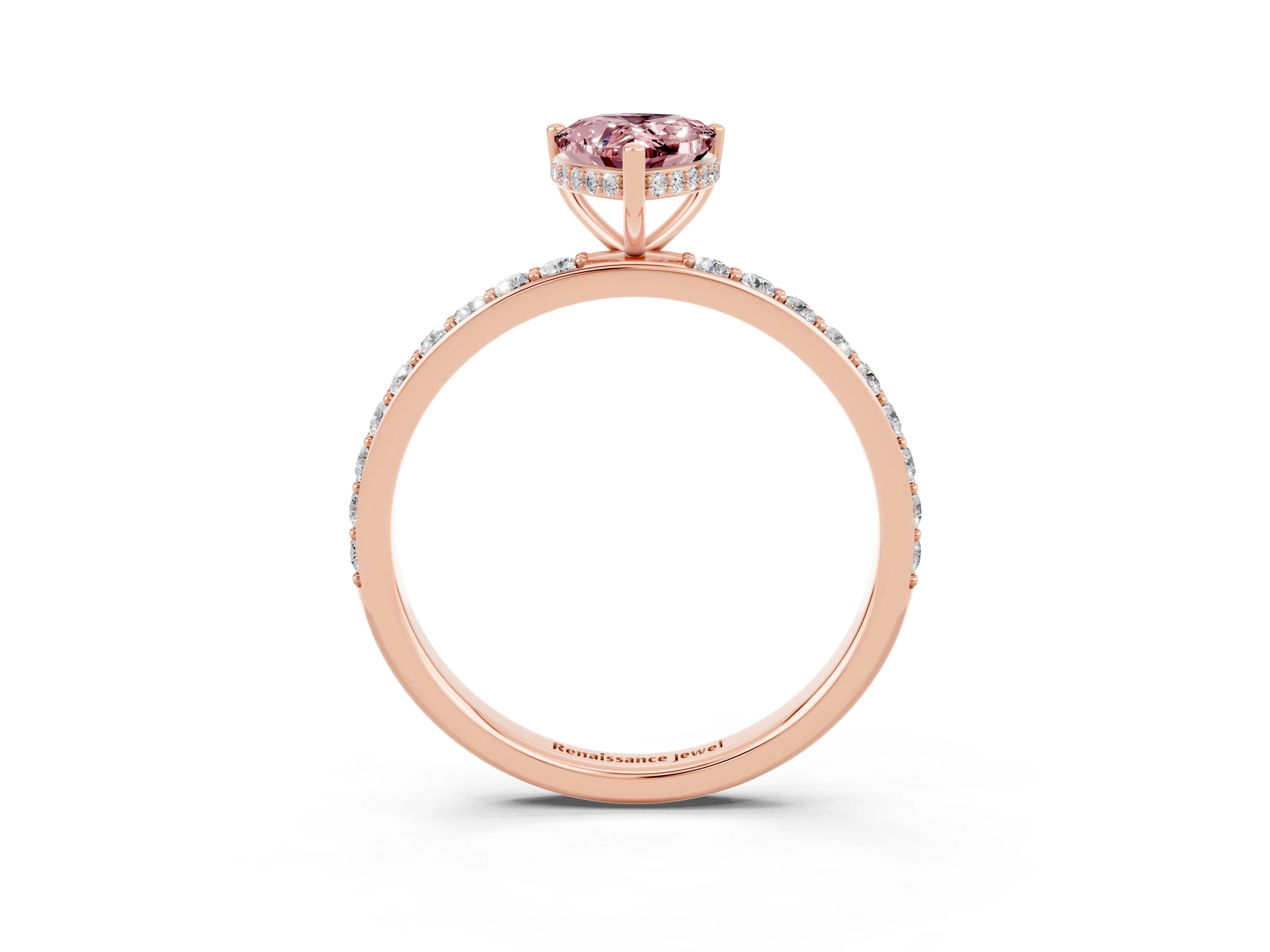 Rose gold Pear Cut Morganite Solitaire Ring with Pavé Band and Hidden Halo_15