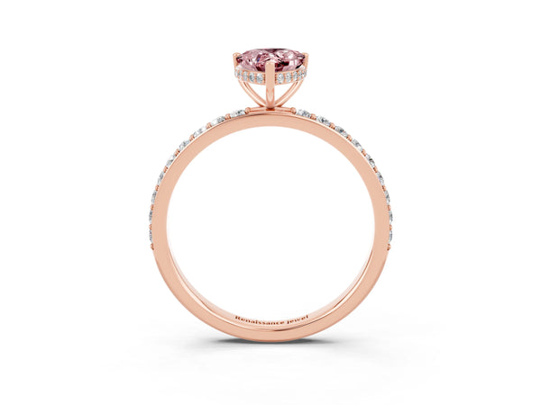 Rose gold Pear Cut Morganite Solitaire Ring with Pavé Band and Hidden Halo