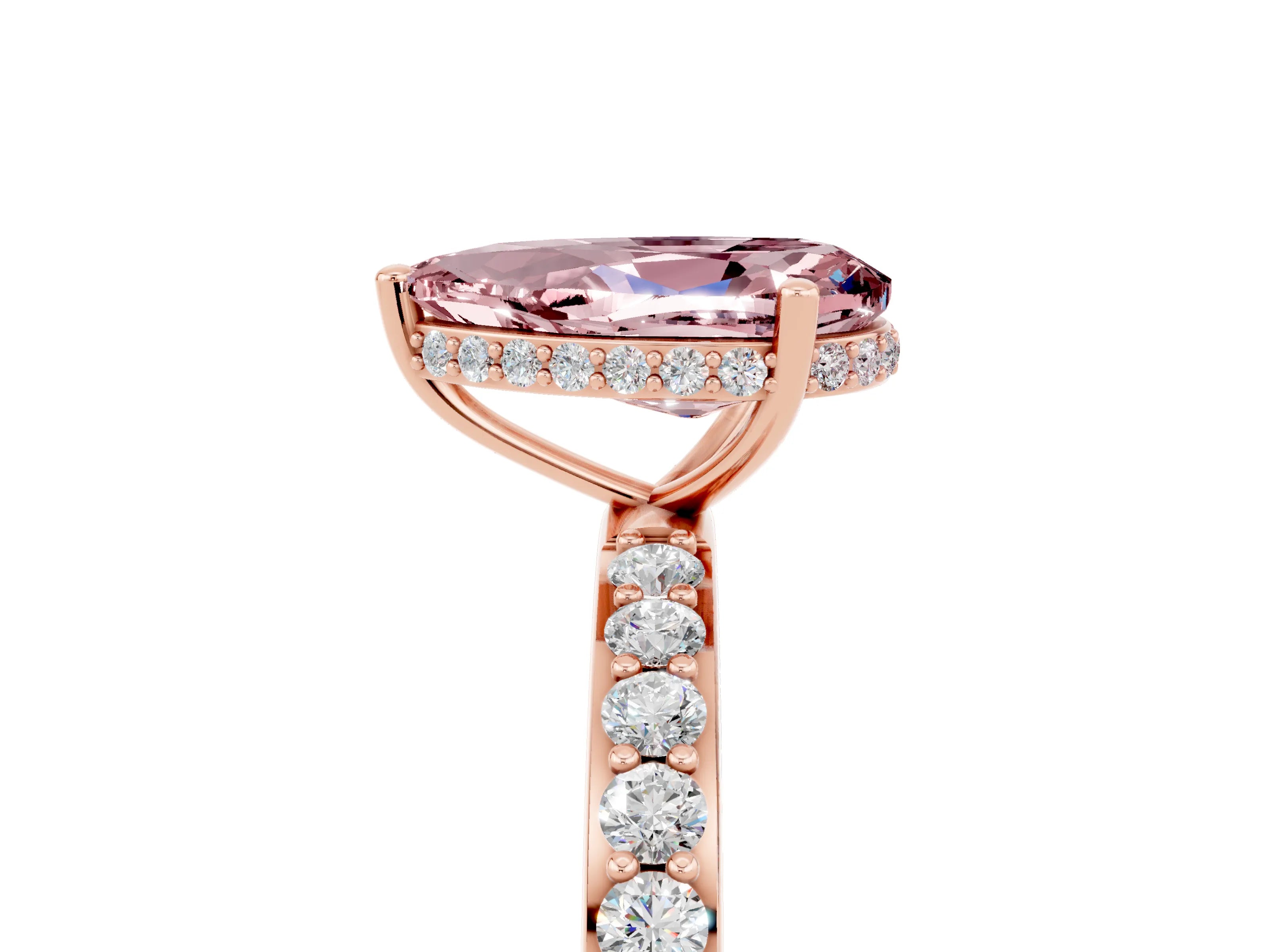 Rose gold Pear Cut Morganite Solitaire Ring with Pavé Band and Hidden Halo_17