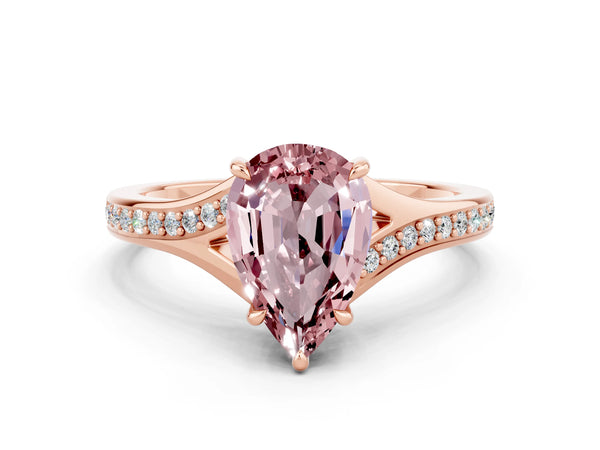 Rose gold Pear Cut Morganite Solitaire Ring with Pavé Band and Prong Setting