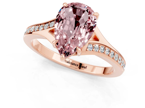 Rose gold Pear Cut Morganite Solitaire Ring with Pavé Band and Prong Setting