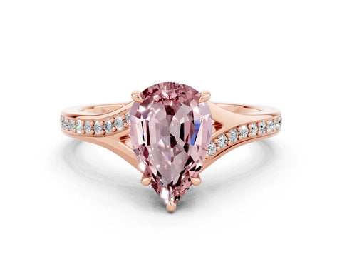 Rose gold Pear Cut Morganite Solitaire Ring with Pavé Band and Prong Setting
