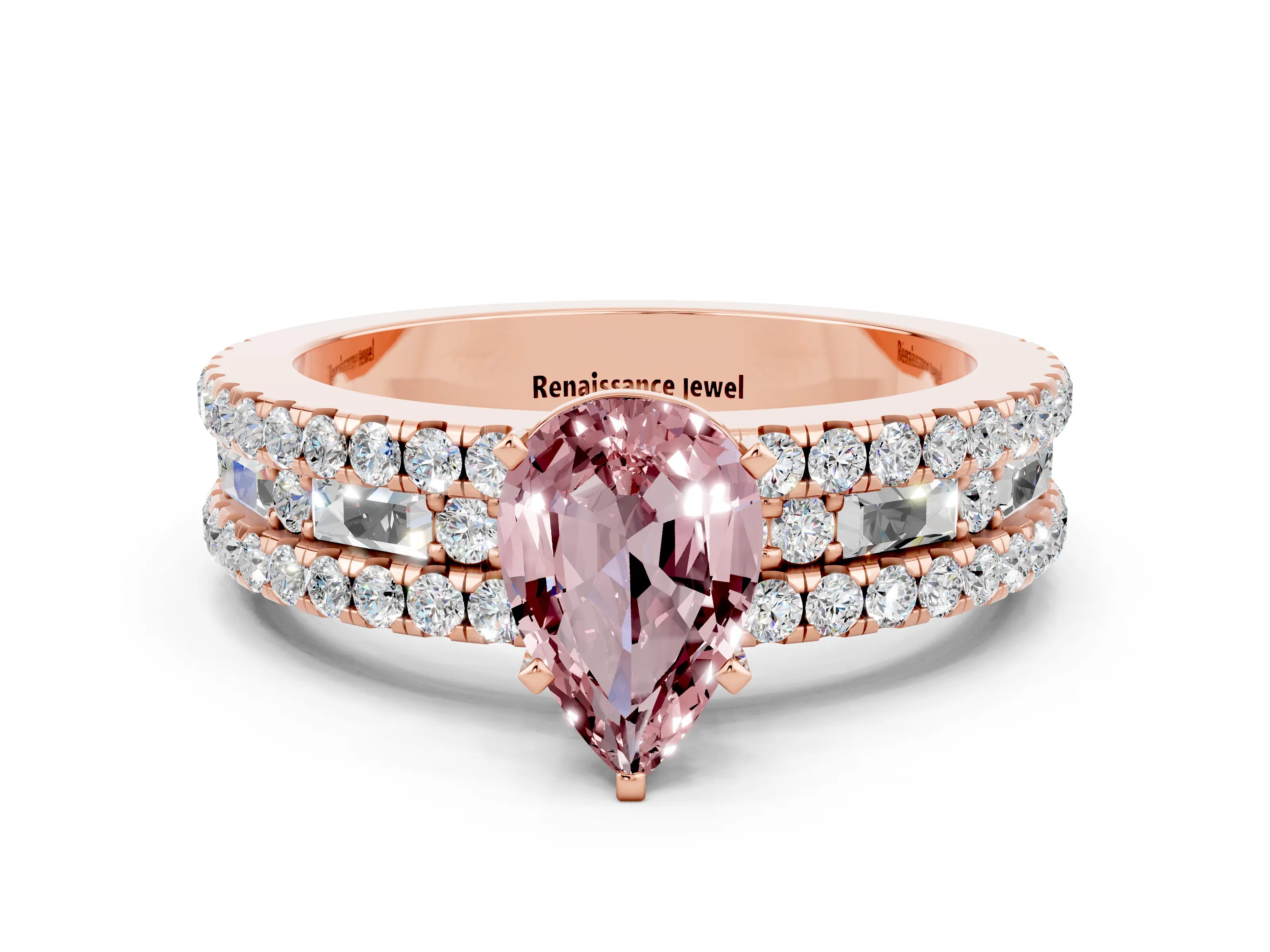 Rose gold Pear Cut Morganite Solitaire Ring with Pavé and Channel Set Band