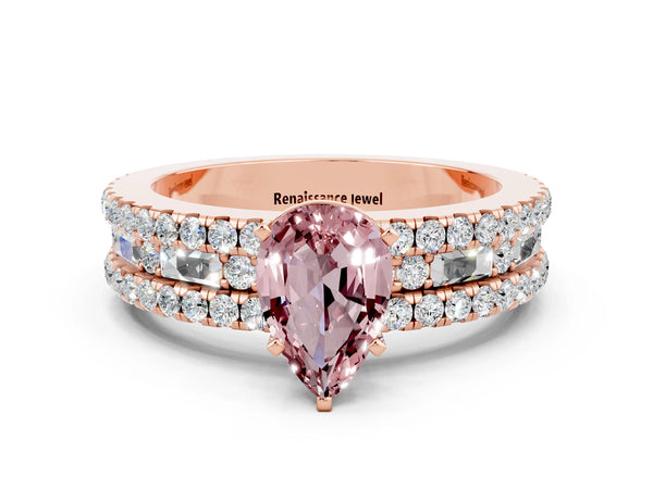 Rose gold Pear Cut Morganite Solitaire Ring with Pavé and Channel Set Band