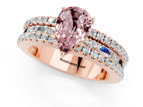 Rose gold Pear Cut Morganite Solitaire Ring with Pavé and Channel Set Band_1