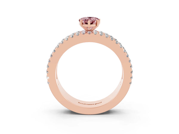 Rose gold Pear Cut Morganite Solitaire Ring with Pavé and Channel Set Band