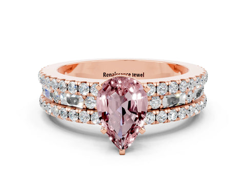 Rose gold Pear Cut Morganite Solitaire Ring with Pavé and Channel Set Band