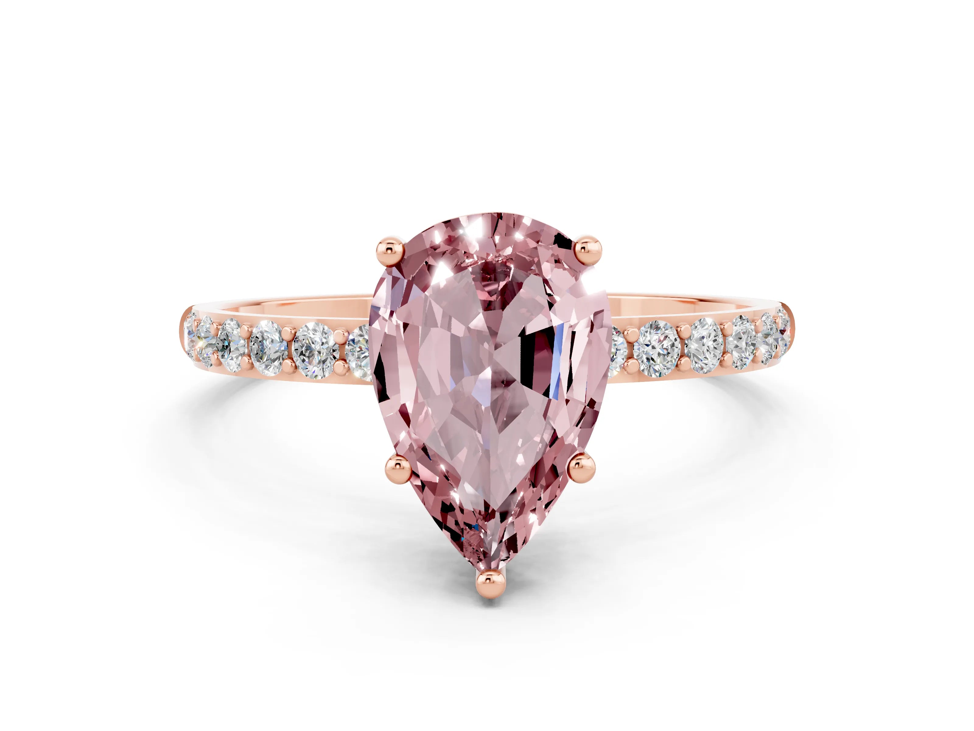 Rose gold Pear Cut Morganite Solitaire Ring with Pave Band and Four Prong Setting_12