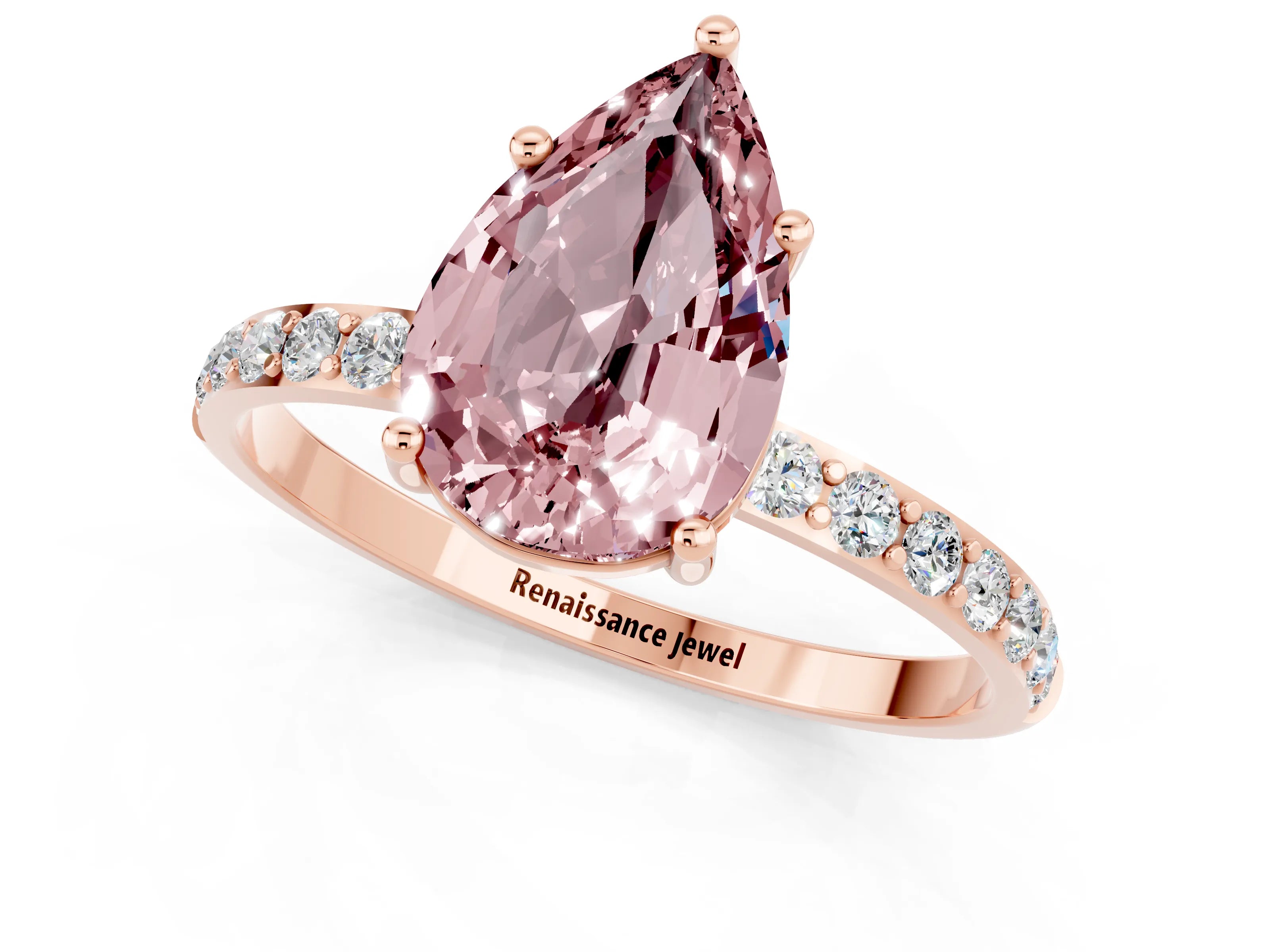 Rose gold Pear Cut Morganite Solitaire Ring with Pave Band and Four Prong Setting_13