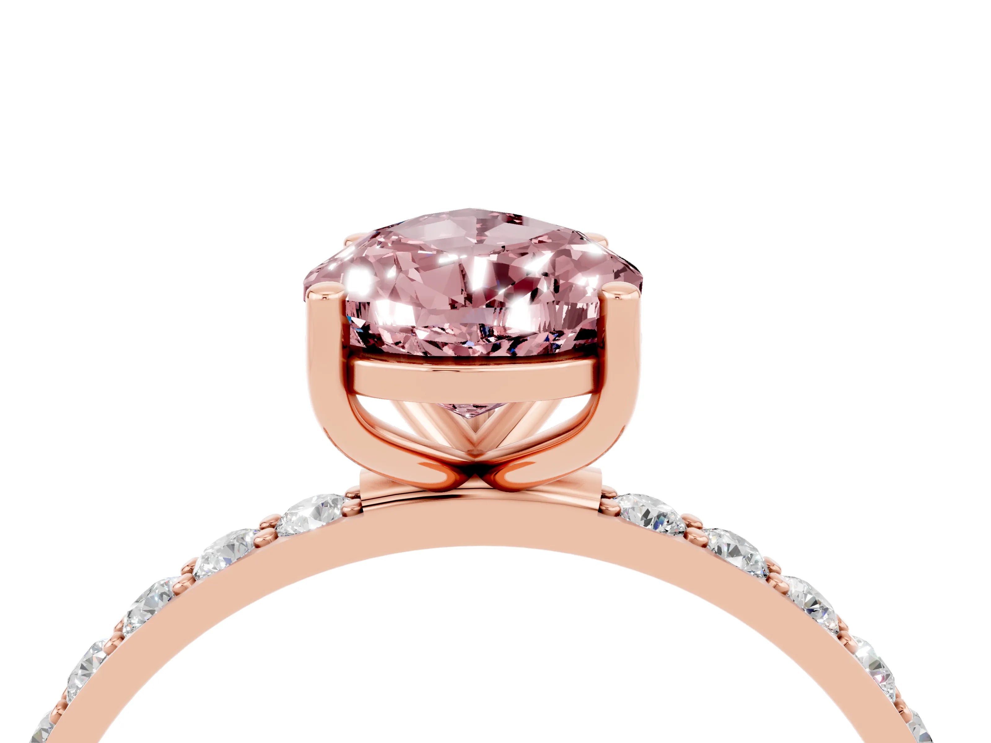 Rose gold Pear Cut Morganite Solitaire Ring with Pave Band and Four Prong Setting_16