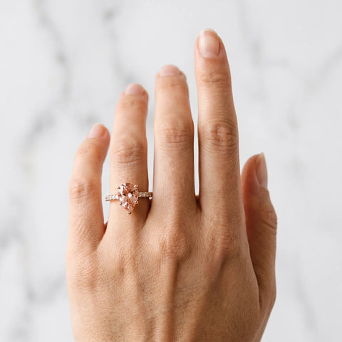 Rose gold Pear Cut Morganite Solitaire Ring with Round  Pavé Band and Four-Prong Setting_42