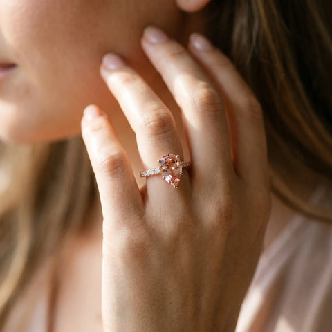 Rose gold Pear Cut Morganite Solitaire Ring with Round  Pavé Band and Four-Prong Setting_44