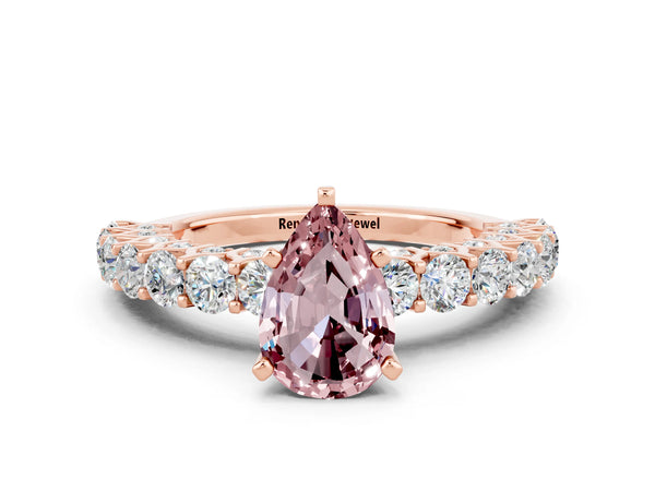 Rose gold Pear Cut Morganite Solitaire Ring with Shared Prong Pavé Band and Four-Prong Setting