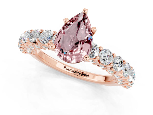 Rose gold Pear Cut Morganite Solitaire Ring with Shared Prong Pavé Band and Four-Prong Setting
