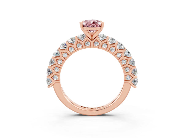 Rose gold Pear Cut Morganite Solitaire Ring with Shared Prong Pavé Band and Four-Prong Setting