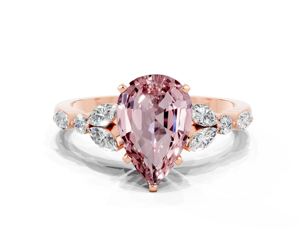 Rose gold Pear Cut Morganite Solitaire Ring with Side Stones and Four-Prong Setting
