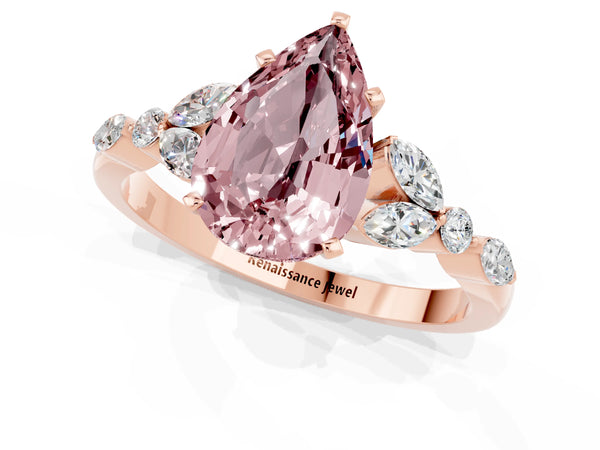 Rose gold Pear Cut Morganite Solitaire Ring with Side Stones and Four-Prong Setting