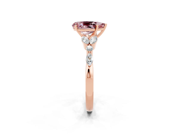 Rose gold Pear Cut Morganite Solitaire Ring with Side Stones and Four-Prong Setting