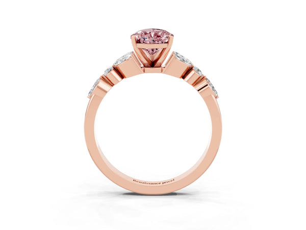 Rose gold Pear Cut Morganite Solitaire Ring with Side Stones and Four-Prong Setting