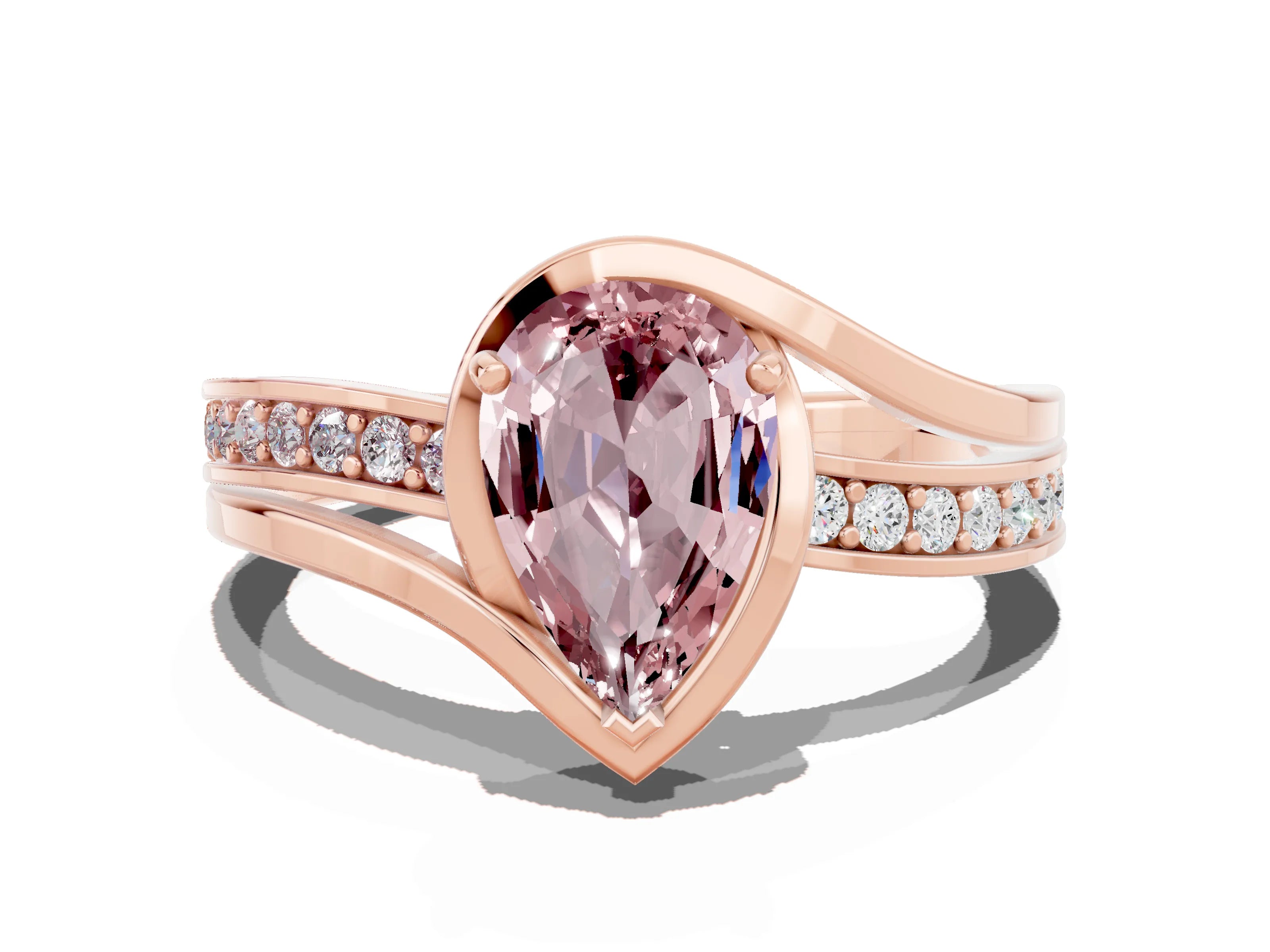 Rose gold Pear Cut Morganite Solitaire Ring with Split Shank and Prong Setting