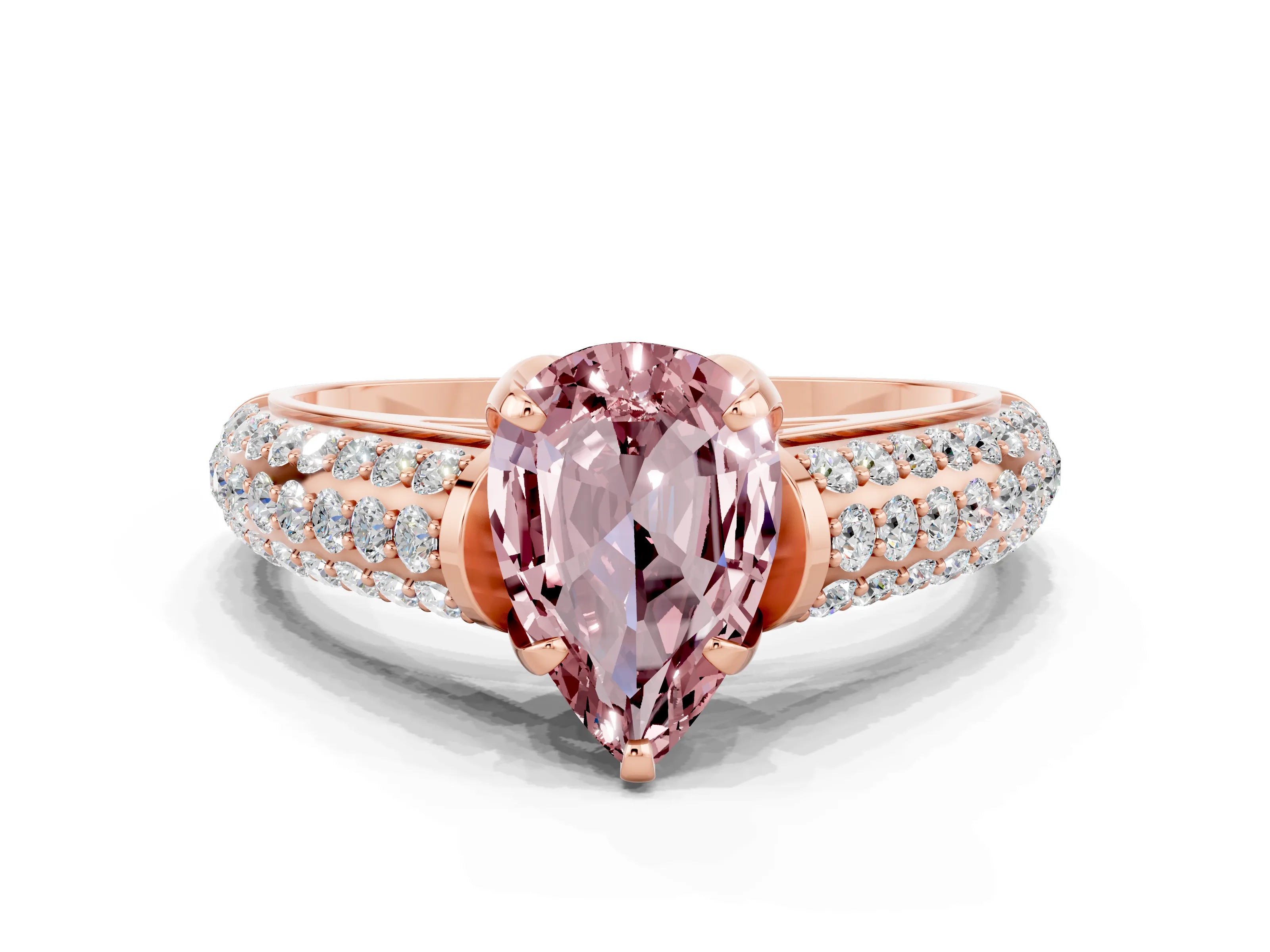 Rose gold Pear Cut Morganite Solitaire Ring with Three-Row Pavé Band and Four-Prong Setting_12