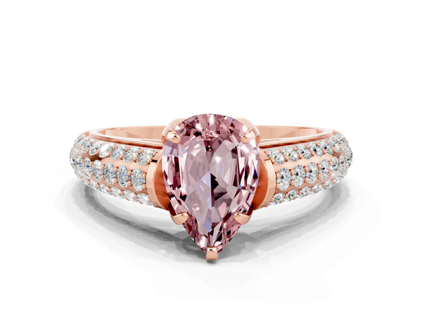Rose gold Pear Cut Morganite Solitaire Ring with Three-Row Pavé Band and Four-Prong Setting
