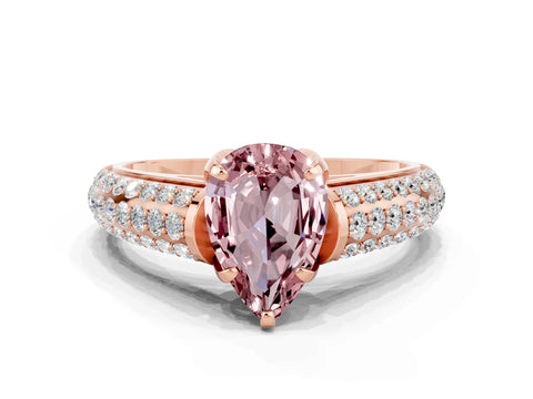 Rose gold Pear Cut Morganite Solitaire Ring with Three-Row Pavé Band and Four-Prong Setting_12
