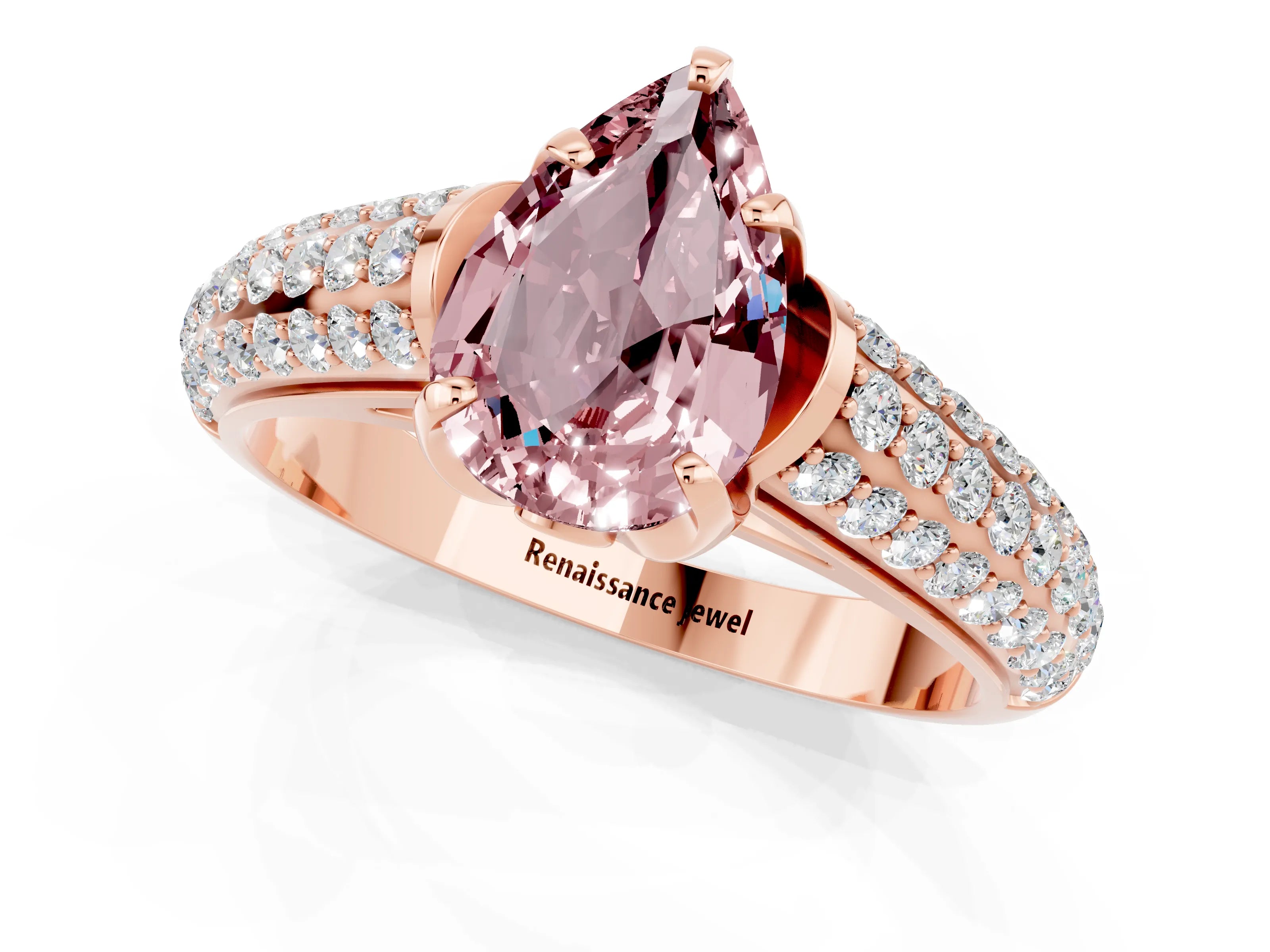 Rose gold Pear Cut Morganite Solitaire Ring with Three-Row Pavé Band and Four-Prong Setting_13