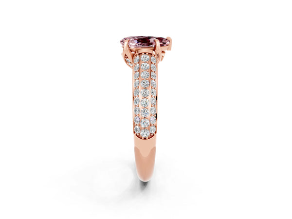 Rose gold Pear Cut Morganite Solitaire Ring with Three-Row Pavé Band and Four-Prong Setting