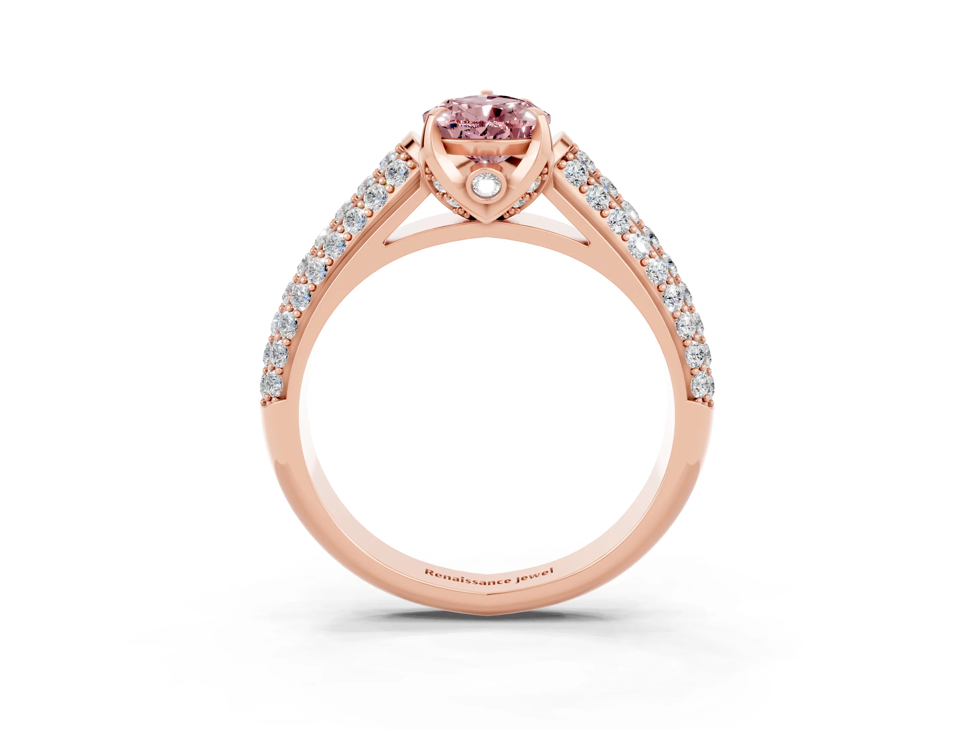 Rose gold Pear Cut Morganite Solitaire Ring with Three-Row Pavé Band and Four-Prong Setting_15