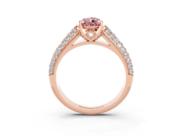 Rose gold Pear Cut Morganite Solitaire Ring with Three-Row Pavé Band and Four-Prong Setting