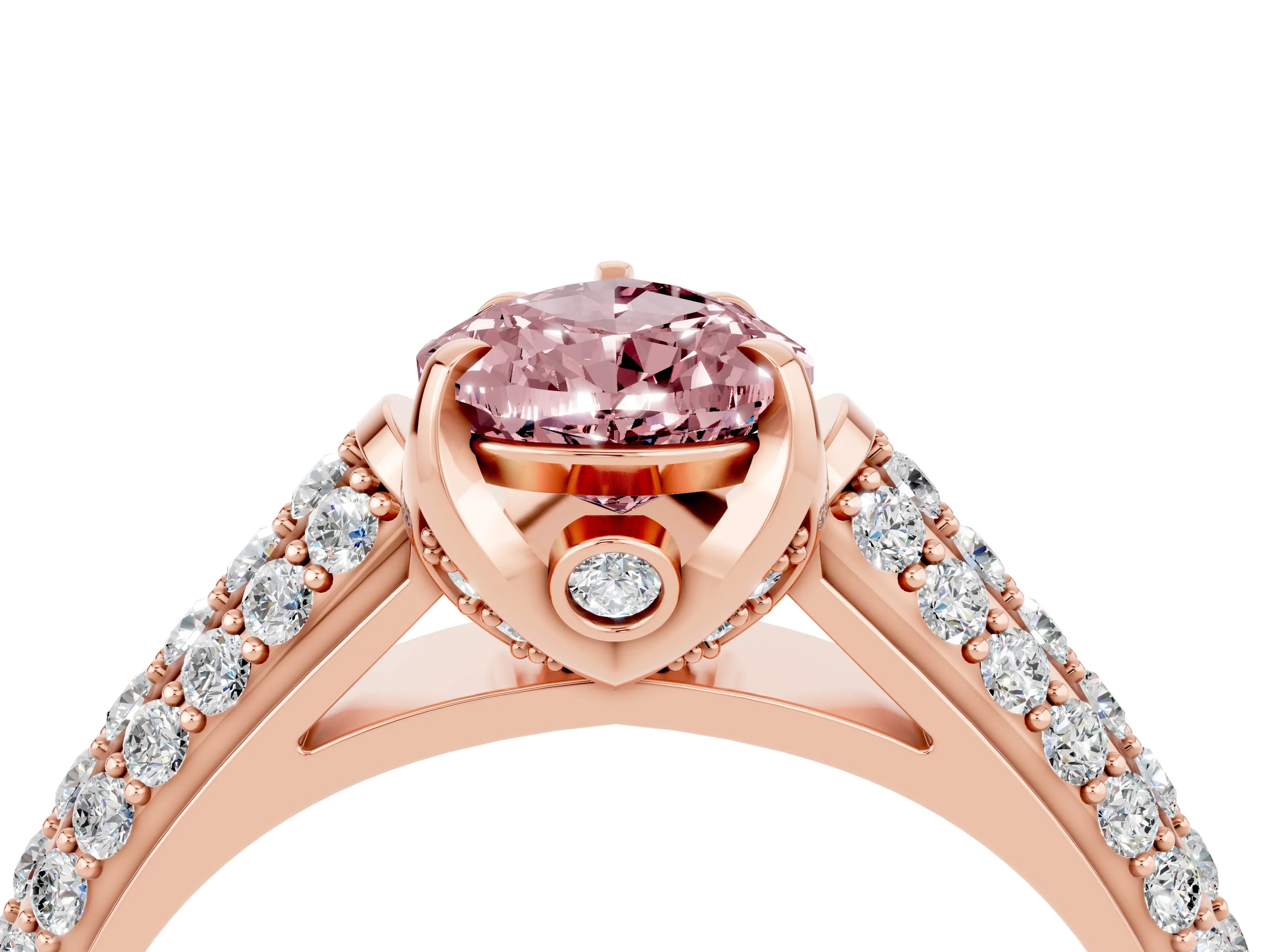 Rose gold Pear Cut Morganite Solitaire Ring with Three-Row Pavé Band and Four-Prong Setting_16
