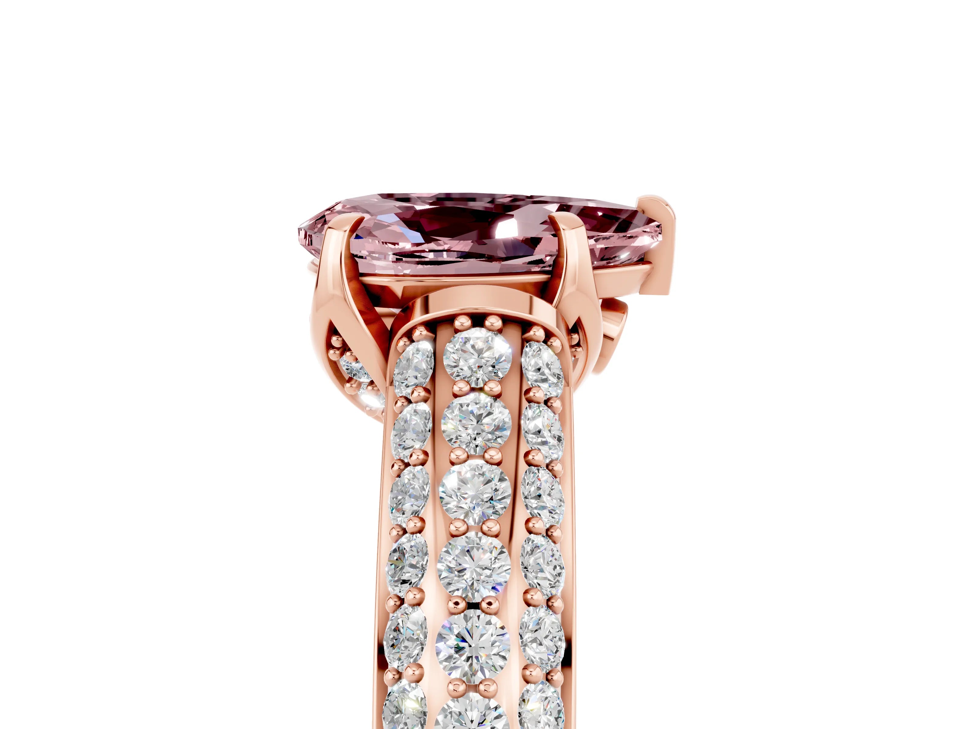 Rose gold Pear Cut Morganite Solitaire Ring with Three-Row Pavé Band and Four-Prong Setting_17
