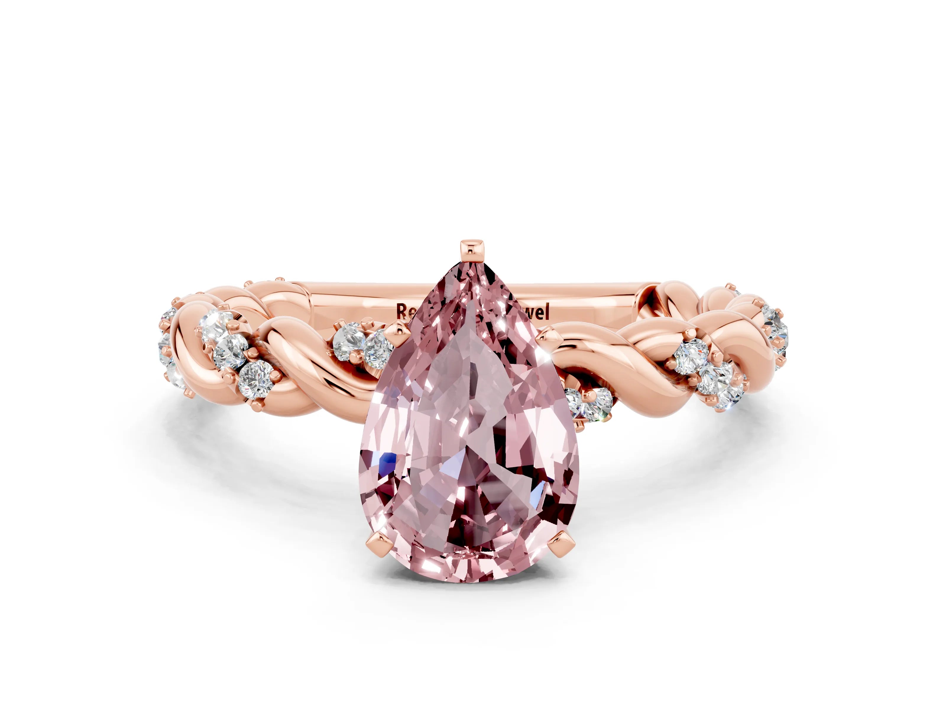 Rose gold Pear Cut Morganite Solitaire Ring with Twisted Band and Pavé Accents
