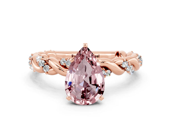 Rose gold Pear Cut Morganite Solitaire Ring with Twisted Band and Pavé Accents