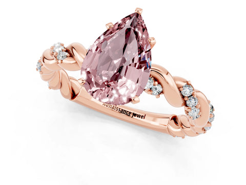 Rose gold Pear Cut Morganite Solitaire Ring with Twisted Band and Pavé Accents_1