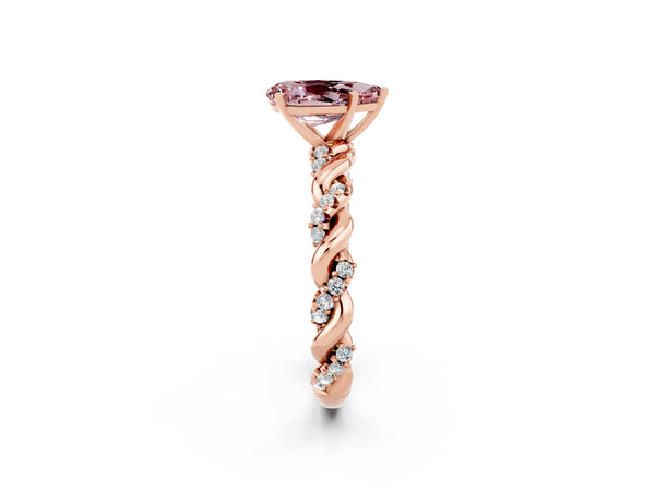 Rose gold Pear Cut Morganite Solitaire Ring with Twisted Band and Pavé Accents