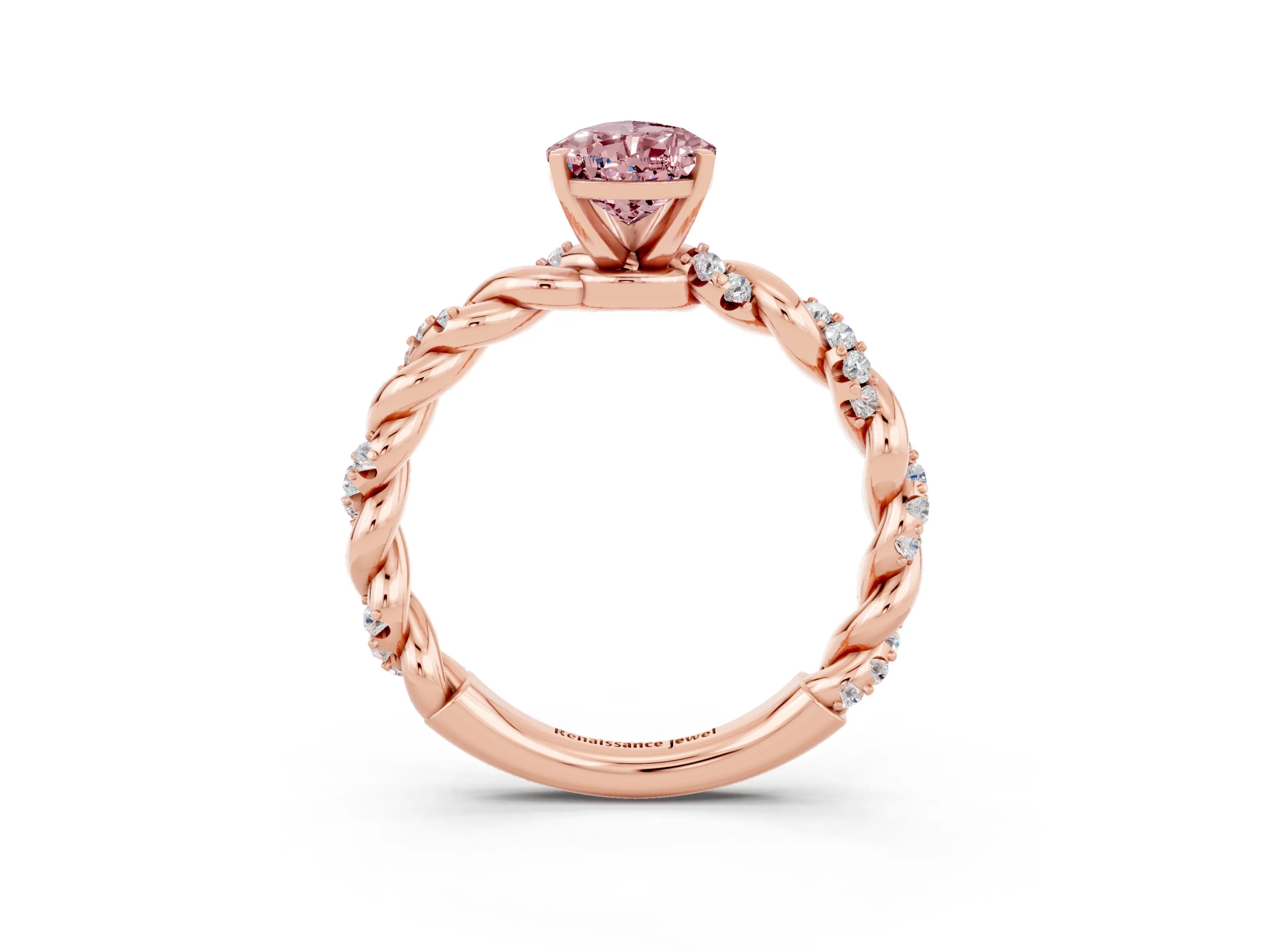 Rose gold Pear Cut Morganite Solitaire Ring with Twisted Band and Pavé Accents_3