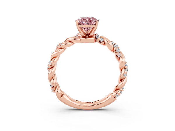 Rose gold Pear Cut Morganite Solitaire Ring with Twisted Band and Pavé Accents