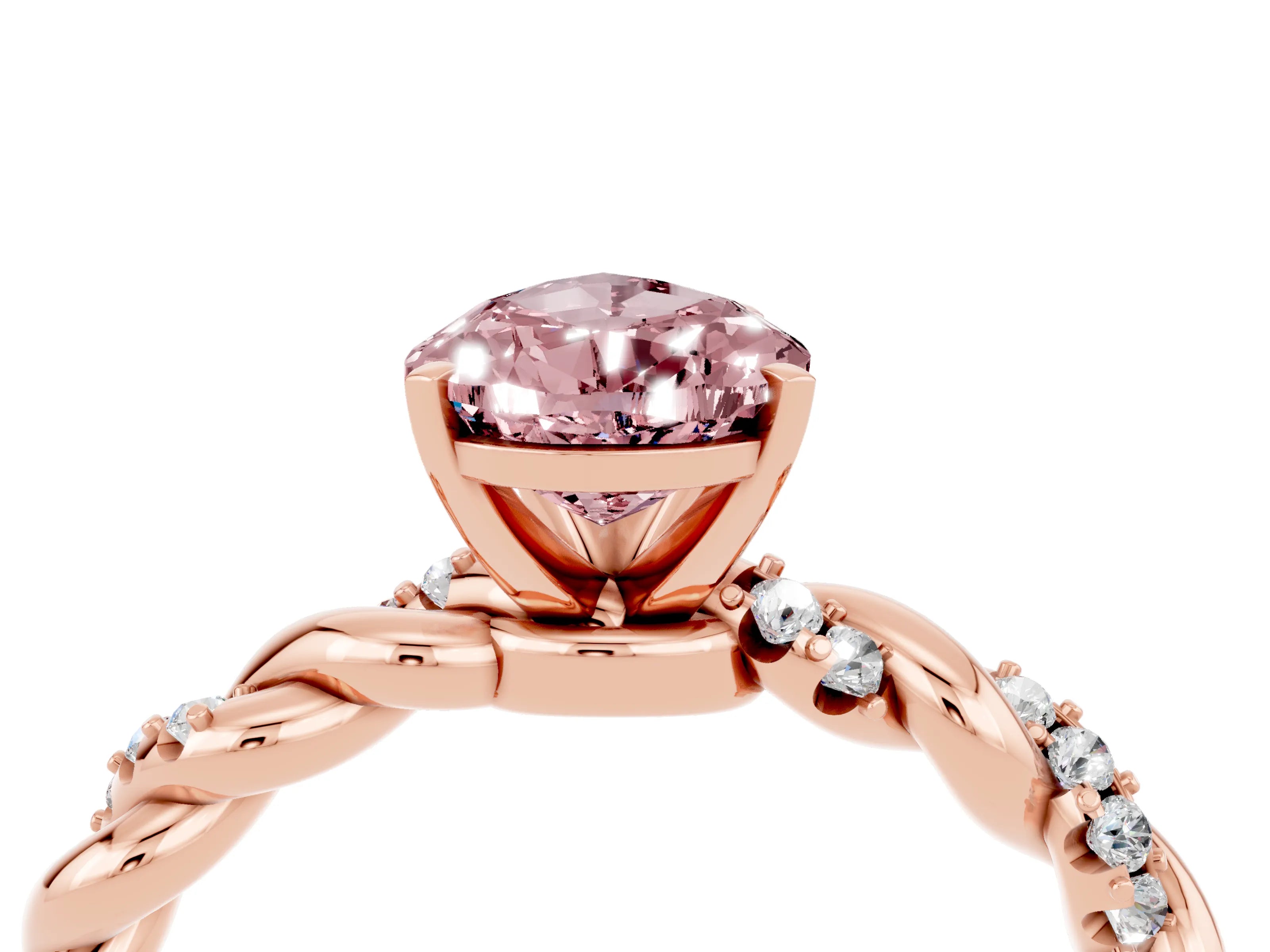 Rose gold Pear Cut Morganite Solitaire Ring with Twisted Band and Pavé Accents_4