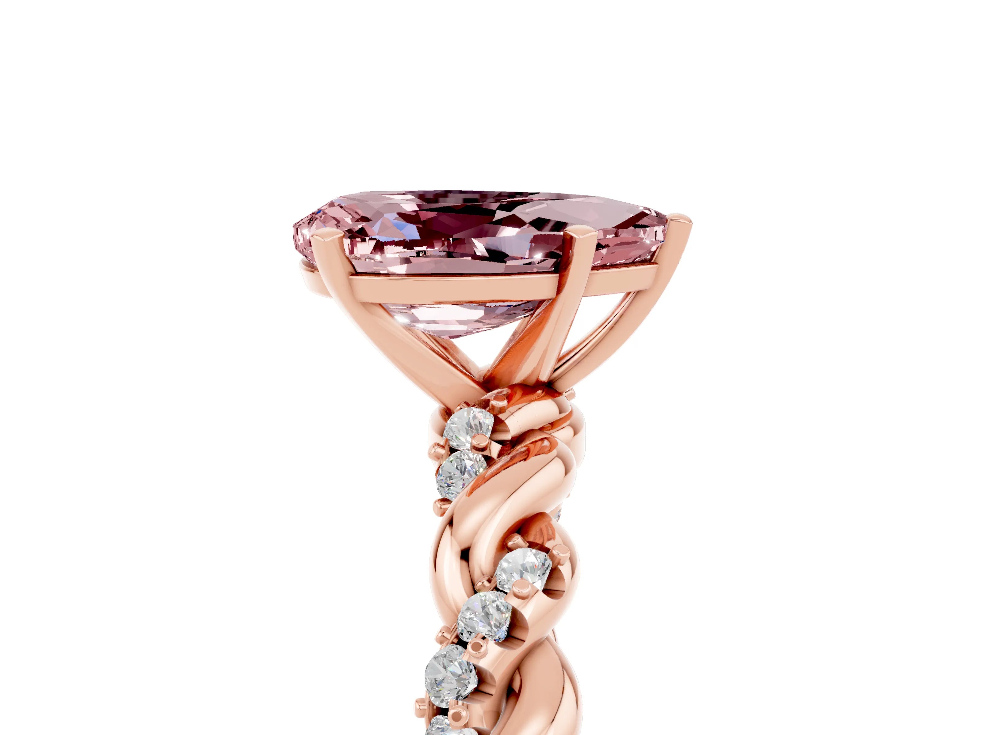 Rose gold Pear Cut Morganite Solitaire Ring with Twisted Band and Pavé Accents_5