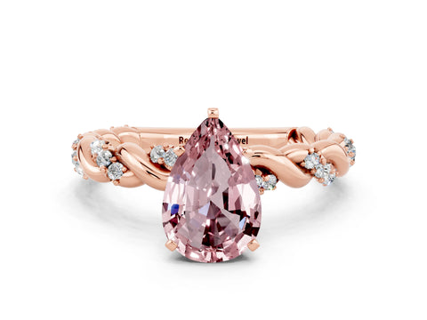 Rose gold Pear Cut Morganite Solitaire Ring with Twisted Band and Pavé Accents