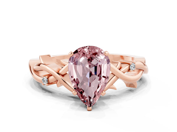 Rose gold Pear Cut Morganite Solitaire Ring with Twisted Band and Prong Setting