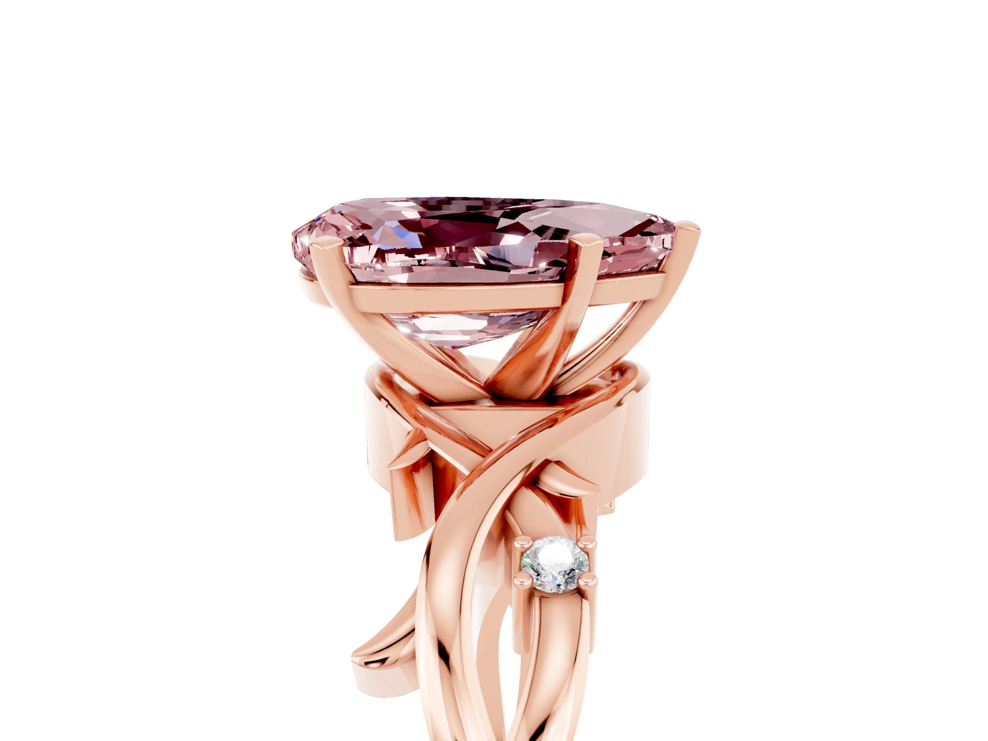 Rose gold Pear Cut Morganite Solitaire Ring with Twisted Band and Prong Setting_5