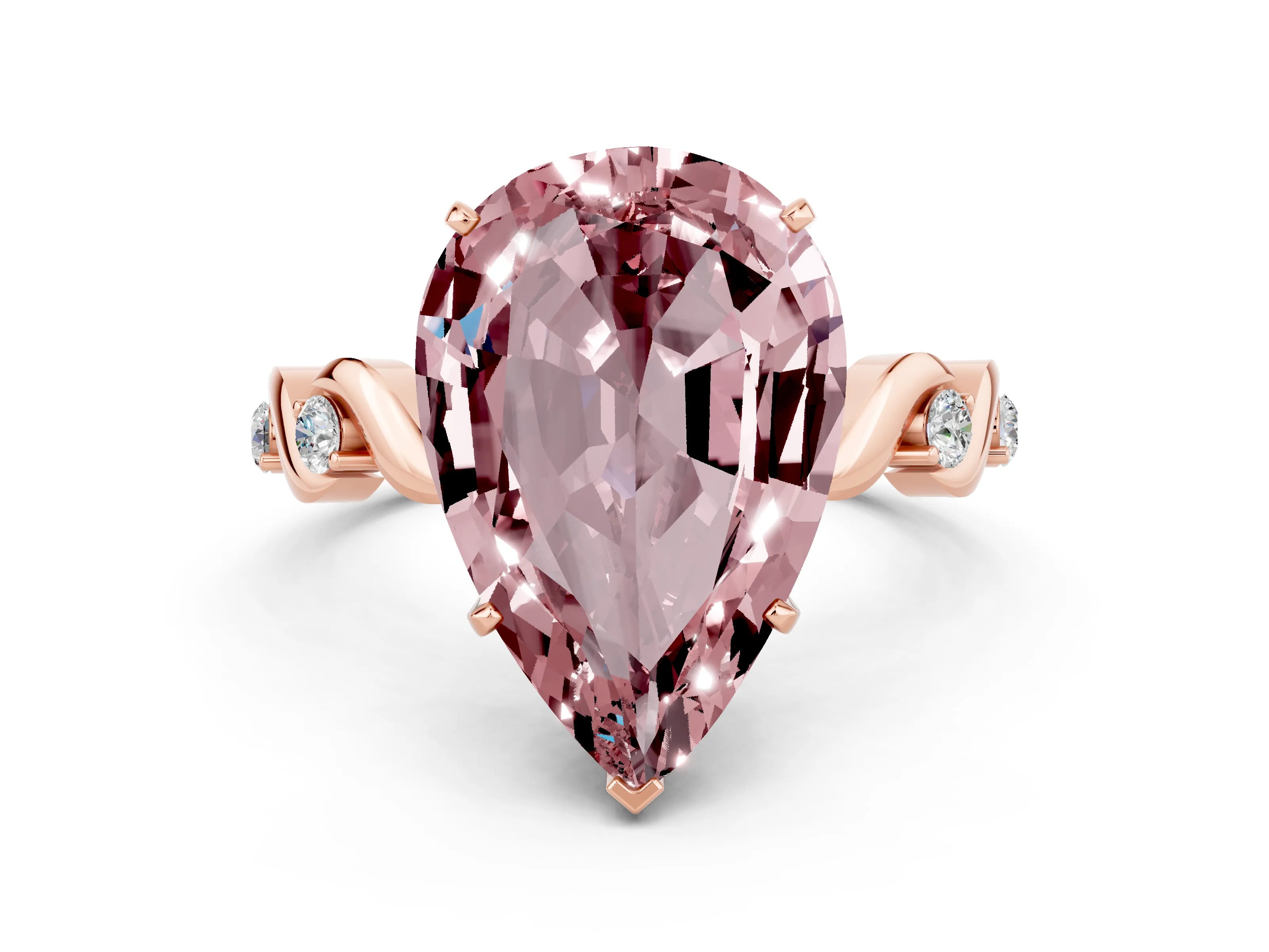 Rose gold Pear Cut Morganite Solitaire Twisted Band with Round  Accents and Prong Setting_37