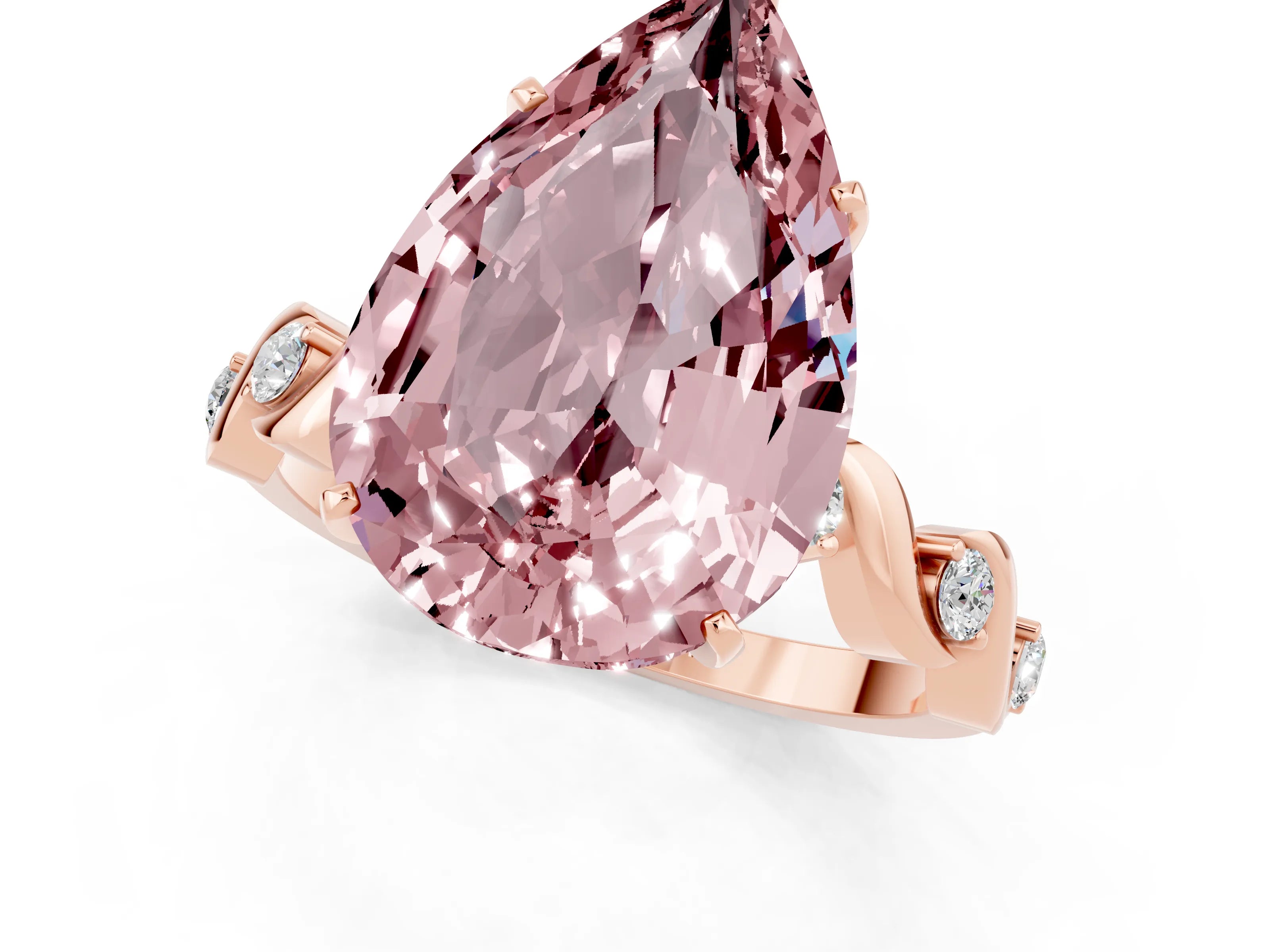 Rose gold Pear Cut Morganite Solitaire Twisted Band with Round  Accents and Prong Setting_38