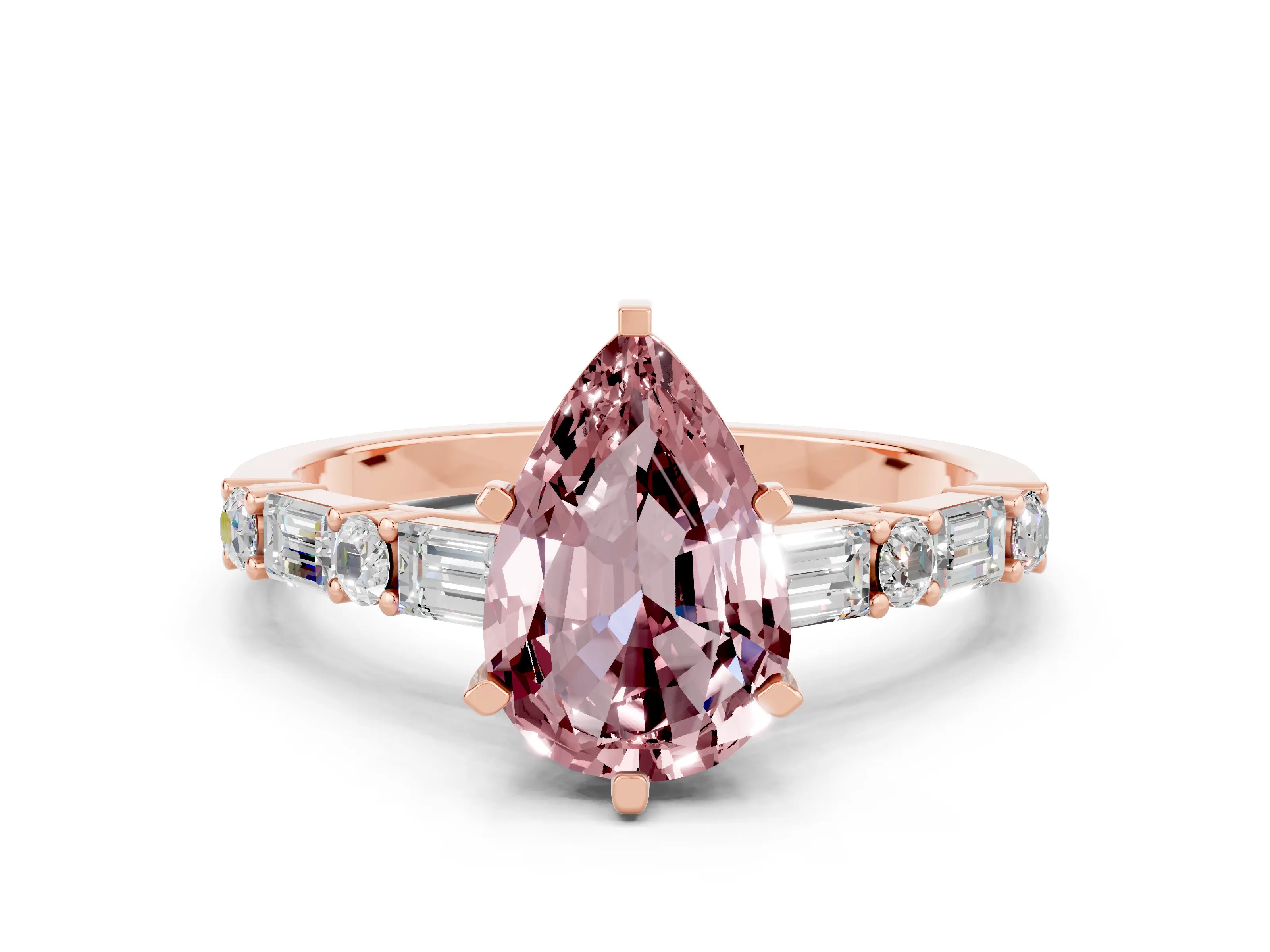 Rose gold Pear Cut Morganite Solitaire with Side Baguettes and Channel Set Band