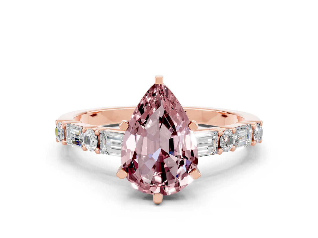 Rose gold Pear Cut Morganite Solitaire with Side Baguettes and Channel Set Band