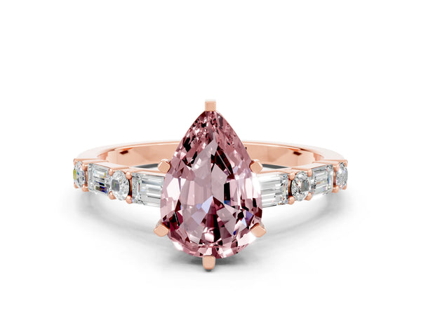 Rose gold Pear Cut Morganite Solitaire with Side Baguettes and Channel Set Band