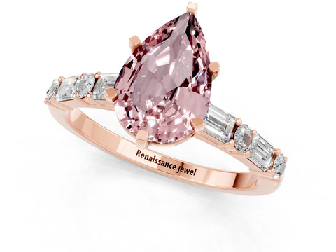 Rose gold Pear Cut Morganite Solitaire with Side Baguettes and Channel Set Band_1